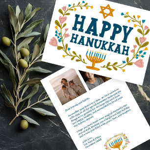 Cartes Pour Fêtes Annuelles HEUREUX HANOUKKA Floral Wreath Menorah photos pers