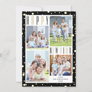 Cartes Pour Fêtes Annuelles HEUREUX NOUVEL AN 4 Photo Collage Black Gold Confe