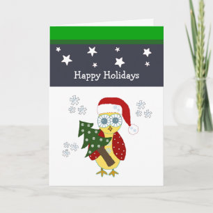 Cartes Pour Fêtes Annuelles Hibou avec un chapeau de Père Noël et un arbre de
