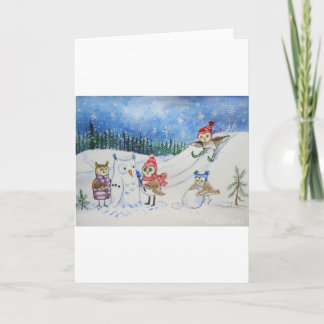 Cartes Pour Fêtes Annuelles Hiboux de Noël jouant dans la neige