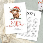 Cartes Pour Fêtes Annuelles Highland Cow 2025 Calendrier Joyeux Noël<br><div class="desc">Cute Highland Nom de la vache 2025 Calendrier Joyeux Noël. Disponible numériquement et imprimé. La gentillesse festive pour vos souhaits de vacances, avec ce design amusant avec une vache des montagnes douces dans son chapeau de Santa. Joyeux Noël est dans un script moderne ensemble et personnalisez facilement votre salutation et...</div>