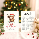 Cartes Pour Fêtes Annuelles Highland Cow 2026 Calendrier Joyeux Noël<br><div class="desc">Cute Highland Nom de la vache 2026 Calendrier Joyeux Noël. Disponible numériquement et imprimé. La gentillesse festive pour vos souhaits de vacances, avec ce design amusant avec une vache des montagnes douces dans son chapeau de Santa. Joyeux Noël est dans un script moderne ensemble et personnalisez facilement votre salutation et...</div>