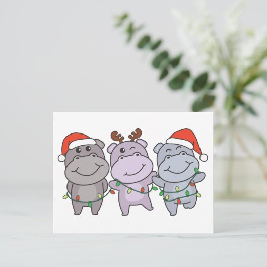 Cartes Pour Fêtes Annuelles Hippo animaux de Noël mignons hippopotames (Debout devant)