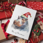 Cartes Pour Fêtes Annuelles Hippo de Noël personnalisable<br><div class="desc">aquarelle d'un hippo avec un casquette d'hiver rouge en style noël</div>