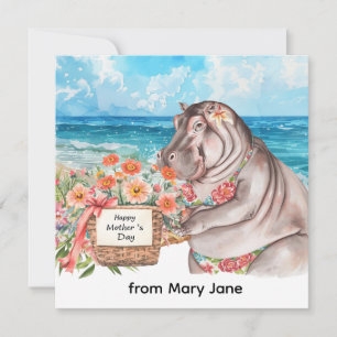 Cartes Pour Fêtes Annuelles Hippopotame avec panier de fleurs de la fête des m