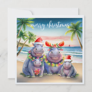 Cartes Pour Fêtes Annuelles Hippopotame d'Hawaii célébrant Noël à la plage