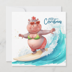 Cartes Pour Fêtes Annuelles Hippopotame en bikini faisant du surf Noël 