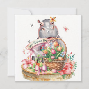 Cartes Pour Fêtes Annuelles Hippopotame Joyeuse fête des mères avec panier de