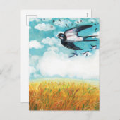 Cartes Pour Fêtes Annuelles Hirondelles survolant un champ de blé (Devant / Derrière)