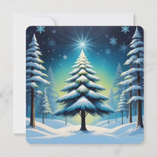 Cartes Pour Fêtes Annuelles Hiver dans la forêt avec neige et étoile brillante (Devant)