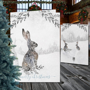 Cartes Pour Fêtes Annuelles Hiver neigeux Vacances d'aquarelle de lièvre