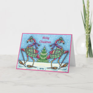 CARTES POUR FÊTES ANNUELLES HIVER SNOWSHOOWS & COAT PINK FLAMANT ROSE TREKKING
