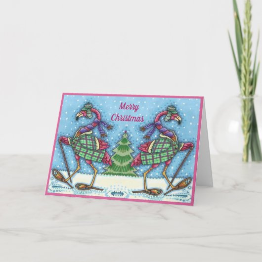 CARTES POUR FÊTES ANNUELLES HIVER SNOWSHOOWS & COAT PINK FLAMANT ROSE TREKKING (Devant)