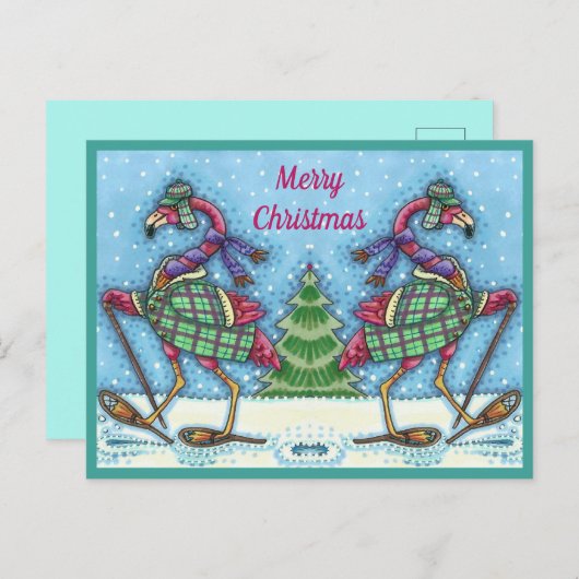 CARTES POUR FÊTES ANNUELLES HIVER SNOWSHOOWS & COAT PINK FLAMANT ROSE TREKKING (Devant / Derrière)