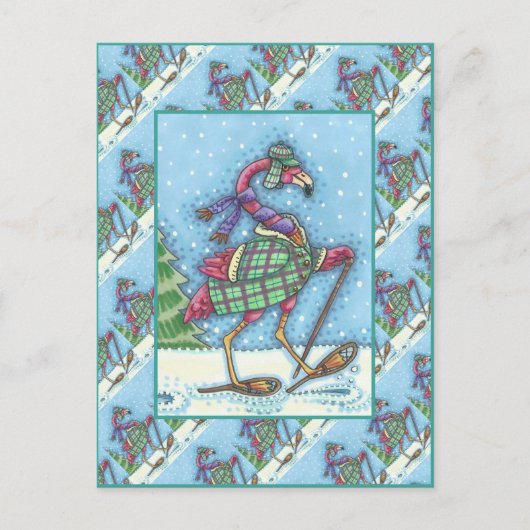 CARTES POUR FÊTES ANNUELLES HIVER SNOWSHOOWS & COAT PINK FLAMANT ROSE TREKKING (Devant)