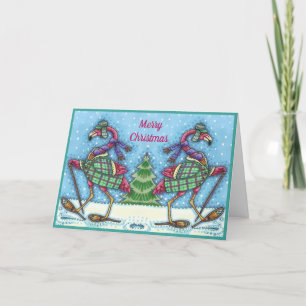 CARTES POUR FÊTES ANNUELLES HIVER SNOWSHOOWS & COAT PINK FLAMANT ROSE TREKKING