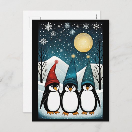 Cartes Pour Fêtes Annuelles hiver Snowy Mountain Père Noël Penguin Noël (Devant / Derrière)