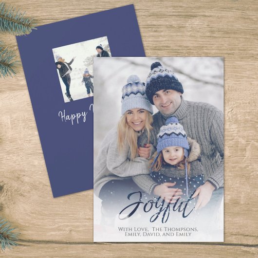 Cartes Pour Fêtes Annuelles Holiday Joyful Script Bleu Blanc Flocon de Neige 1