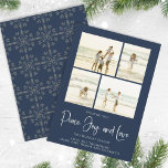 Cartes Pour Fêtes Annuelles Holiday Peace Jove Love Elegant Snowflakes 4 Photo<br><div class="desc">Classic et Simple mais élégant motif de flocon bleu marine, ce design est entièrement modifiable. Avec script de calligraphie. Ce modèle de carte photo de Noël multiphoto festif, élégant et unique est une mise en page de 4 photos. Célébrez avec cette carte unique de vacances et de Noël festif. Ce...</div>