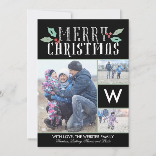 Cartes Pour Fêtes Annuelles Hollies moderne Monogramme 3 Photo Noël (Devant)