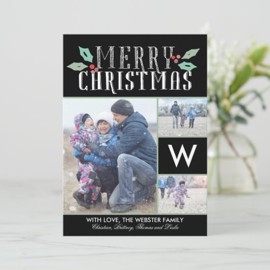 Cartes Pour Fêtes Annuelles Hollies moderne Monogramme 3 Photo Noël (Debout devant)