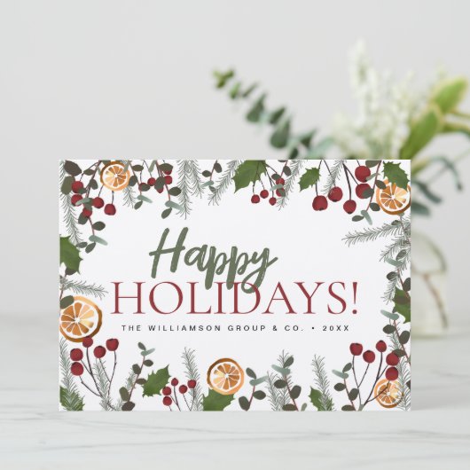 Cartes Pour Fêtes Annuelles Holly Berries Pine XMAS Joyeuses Fêtes Entreprise (Debout devant)