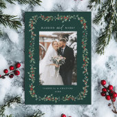 Cartes Pour Fêtes Annuelles Holly Berry Frame Married & Merry Photo Green