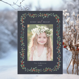 Cartes Pour Fêtes Annuelles Holly Berry Frame Merry & Bright Photo Navy