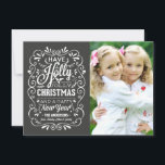 Cartes Pour Fêtes Annuelles Holly Jolly Christmas Chalkboard Photo Card<br><div class="desc">Festive and folksy curly chalk-art style Christmas Holiday greetings photo template on trendy flat cards. Whimsical chalkboard style swirly frame with white typography and retro mix of hand-lettered styles, decorated with frosty foliage and holly berries. Add your favorite holiday family photo and customize the text. Modern way to send happy...</div>