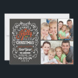 Cartes Pour Fêtes Annuelles Holly Jolly Christmas Chalkboard Photo Collage<br><div class="desc">Solive and fancy curly chalkboard Christmas Holiday greetings photo template on trendy flat cards. Cheerful chalkboard style typographiy with remix of hand-lettered styles, decorated with swirly frame, winter foliage and holly berries. Add your favorite holiday family photo customize the text. Modern to send happy winter holiday greetings to all your...</div>