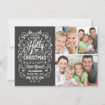 Cartes Pour Fêtes Annuelles Holly Jolly Christmas Chalkboard Photo Collage<br><div class="desc">Art de la craie frite festive et fantaisiste Noël Fêtes modèle photo sur cartes plates tendance. Typographie de style Chalkboard gaie avec mélange rétro de styles lettrés à la main, décoré avec cadre tourbillonnant, feuillage d'hiver et baies sèches. Ajoutez votre photo de famille de vacances préférée et customisez le texte....</div>