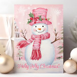 Cartes Pour Fêtes Annuelles Holly Jolly Christmas mignon Snowman rose<br><div class="desc">Célébrez un "Noël Holly Jolly" avec cette charmante carte d'un adorable bonhomme de neige habillé d'un chapeau rose et d'une écharpe,  ornée d'un saint festif. Parfait pour envoyer des voeux de vacances joyeuses à ceux qui sont chers,  ce design fantaisiste est sûr d'apporter des sourires et acclamer.</div>