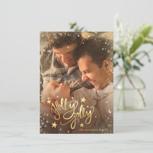 Cartes Pour Fêtes Annuelles Holly Jolly | Elégante Gold Faux Foil 2 Photo (Debout devant)