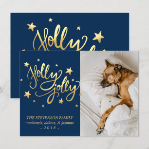 Cartes Pour Fêtes Annuelles Holly Jolly Élégante photo de script de faux or