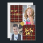 Cartes Pour Fêtes Annuelles Holly Jolly Gold Script Tartan 2 Photos Christmas<br><div class="desc">Personalized classy, elegant and modern faux gold Merry Christmas Holly Jolly hand lettered and brushed script card with two portrait (vertical) oriented photos and your text over a red green and white traditional plaid background. Falling snow over a grey blue background on the back side. ---- Please note that the...</div>