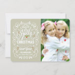 Cartes Pour Fêtes Annuelles Holly Jolly Greige & White Christmas Photo Card<br><div class="desc">Festive and folksy curly chalk-art style Christmas Holiday greetings photo template on popular flat cards. Whimsical chalkboard style typography on trendy greige background with retro mix of hand-lettered styles, decorated with winter branches and holly berries. Add your favorite holiday family photo and customize the text. Modern way to send happy...</div>