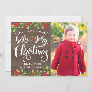 Cartes Pour Fêtes Annuelles Holly Jolly Script de Noël - Bois rustique