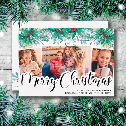 Cartes Pour Fêtes Annuelles Holly Mistletoe 3 Photo Joyeux Script de Noël