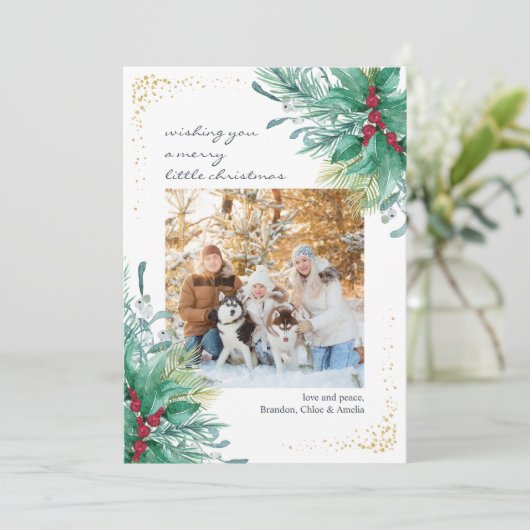 Cartes Pour Fêtes Annuelles Holly Mistletoe Décontracté Script Christmas Photo (Debout devant)