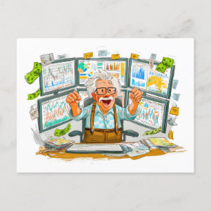 Cartes Pour Fêtes Annuelles Homme âgé célébrant le succès du marché stock joyf