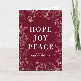 Cartes Pour Fêtes Annuelles Hope Joy Peace Doves & Feuilles Red Religieux