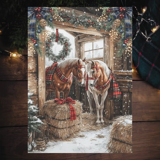 Cartes Pour Fêtes Annuelles Horses Plaid Country Christmas Winter Barn Scene
