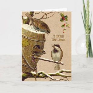 Cartes Pour Fêtes Annuelles Houx de volière de moineau d'oiseau de Noël