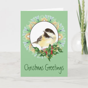 Cartes Pour Fêtes Annuelles Houx gai d'oiseau de Chickadee d'aquarelle de Noël
