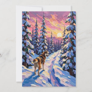 Cartes Pour Fêtes Annuelles Husky vintage sur un sentier forestier enneigé de 