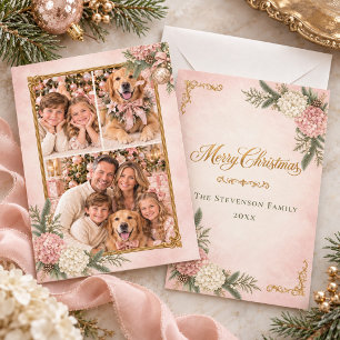 Cartes Pour Fêtes Annuelles Hydrangea Rose et Blanc Photo de famille Noël