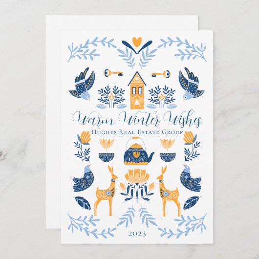 Cartes Pour Fêtes Annuelles Hygge Bleu | Vœux chaleureux d'hiver uniques jaune (Devant / Derrière)