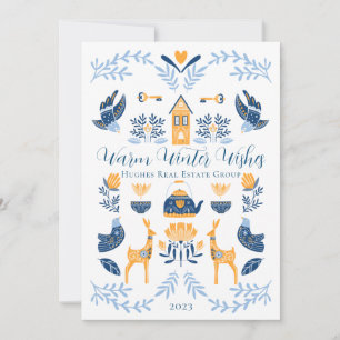 Cartes Pour Fêtes Annuelles Hygge Bleu   Vœux uniques chauds d'hiver jaunes