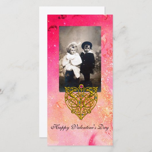 Cartes Pour Fêtes Annuelles HYPER VALENTINE, Fuchsia rose étincelles d'or (Devant / Derrière)