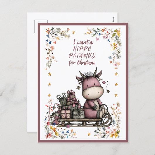 Cartes Pour Fêtes Annuelles I Want a HIPPO POTAMUS For Christmas (Devant / Derrière)